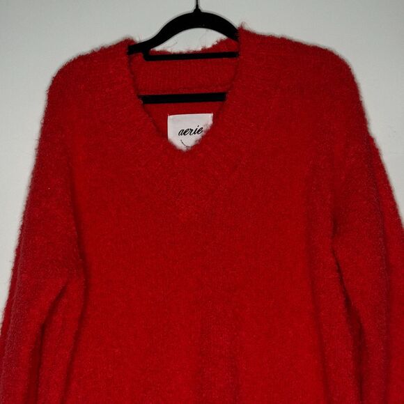 NEW Aerie Fuzzy Plush Teddy Oversized V-Neck Sweater Red Women's Size XS - Picture 4 of 11